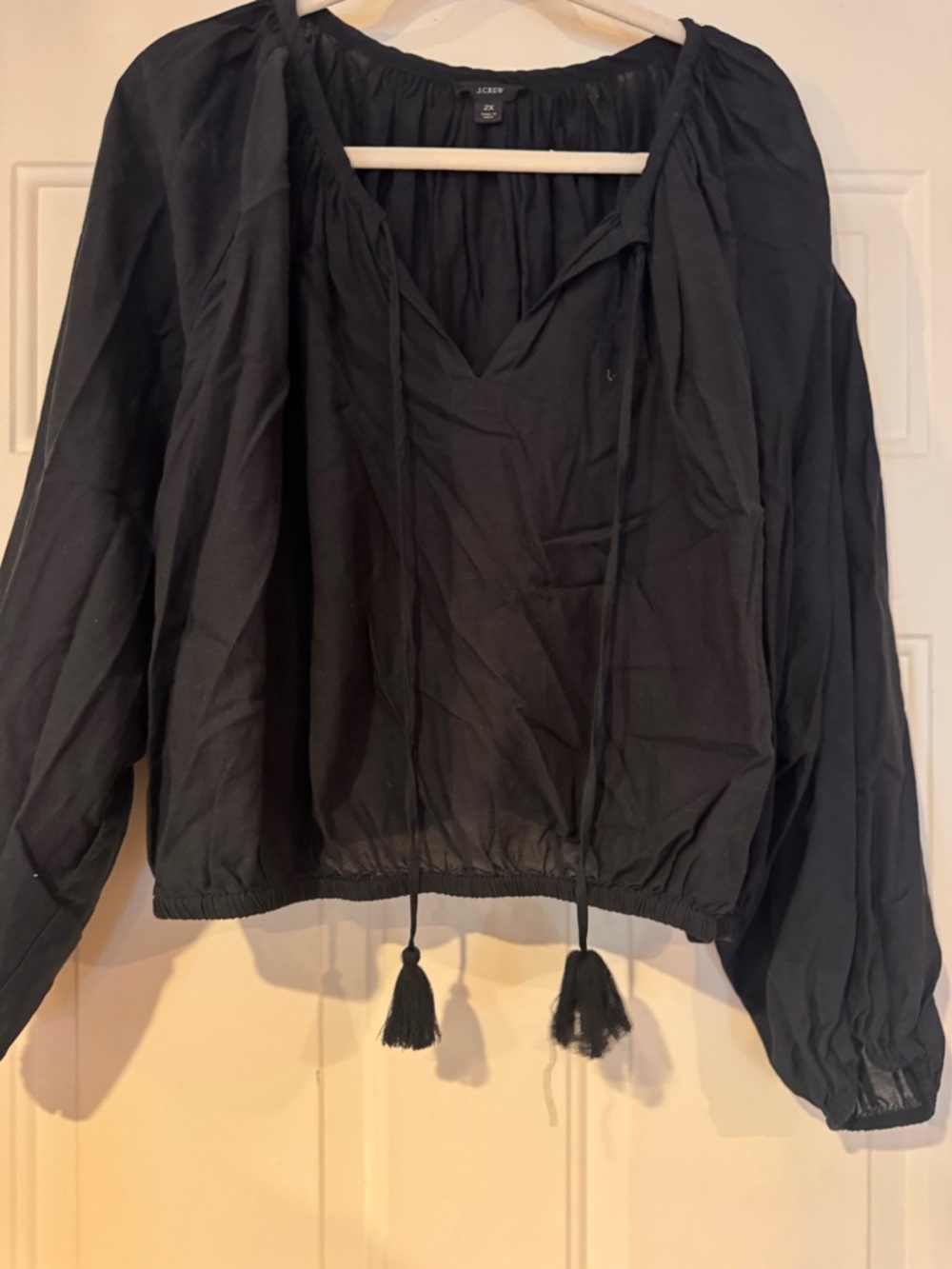 J. Crew Black Long-Sleeve Tassel Cropped Peasant Top